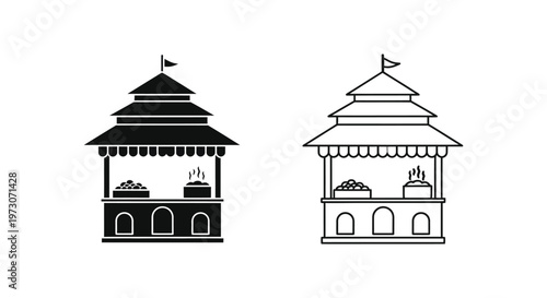 Two stylized pagoda depictions one solid black and one outlined silhouette