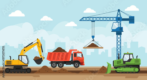 Construction Site with Excavator, Dump Truck, Bulldozer, and Crane Building City