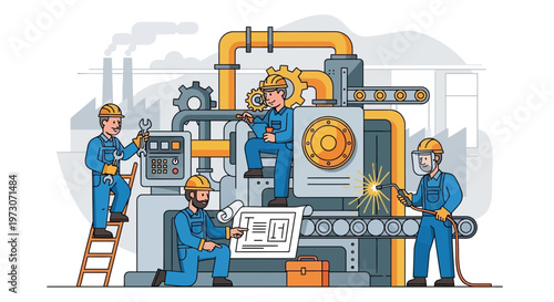 Industrial Team Working on Factory Machine Assembly Line, Engineering, Repair, Maintenance