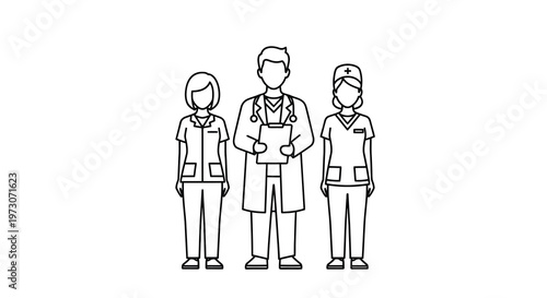Line art illustration of a doctor and two healthcare professionals