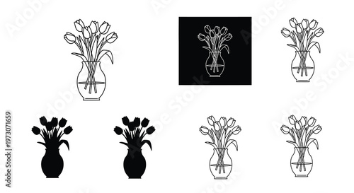 Black and white floral arrangements in vases presented in various styles