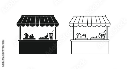 Two market stands displaying fruit and drinks contrasting styles silhouette