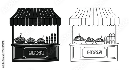 Biryani food stall illustration in black and white detailed artistic silhouette