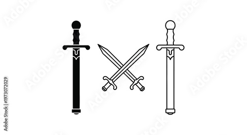 Two crossed swords and a single sword depicted in a bold silhouette