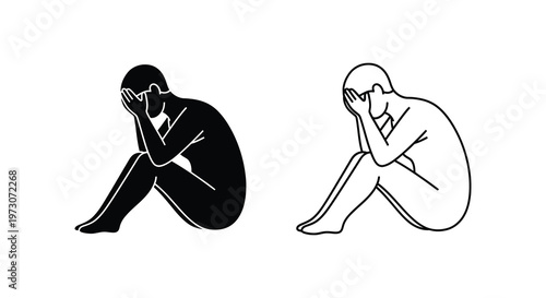 A distressed person seated with head in hands depicted in contrasting styles silhouette