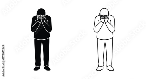 Two figures covering faces with hands stark contrast simple graphic silhouette