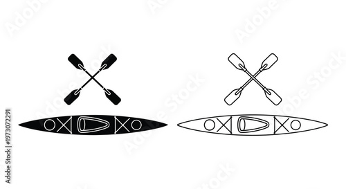 Two kayaks and paddles depicted in a striking black silhouette