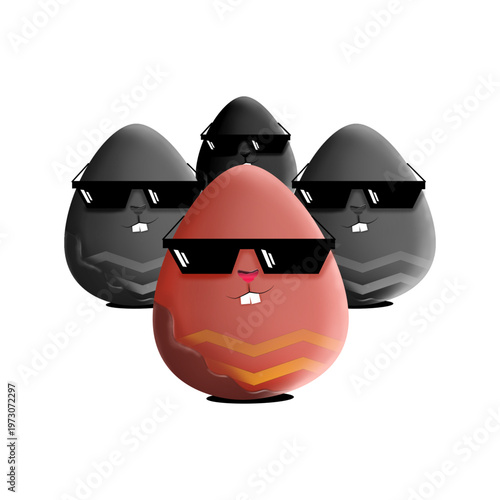 Melting Easter egg with chocolate, stylized as a Easter rabbit, wearing dark glasses, this Easter egg and its friends are styles, ideal for a post or a more modern graphic interview with an Easter the