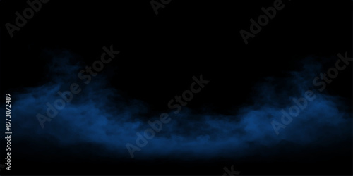 An abstract explosion of blue and white smoke creates a swirling motion against a dark black background, forming a bright texture of ethereal fog and cloudscape in the night