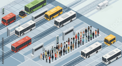 Isometric Bus Station with Crowds Waiting for Transportation