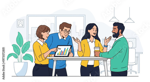 Diverse team collaborating in modern office, discussing project on tablet with charts