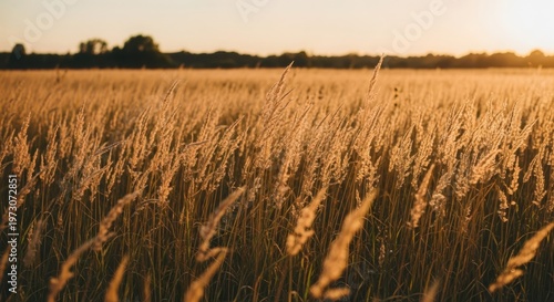 Golden field of tall grass bathed in the warm glow of sunset, showcasing nature's tranquil beauty and agricultural abundance.