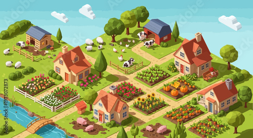 Isometric Farm Village Landscape with Houses, Animals, and Crops