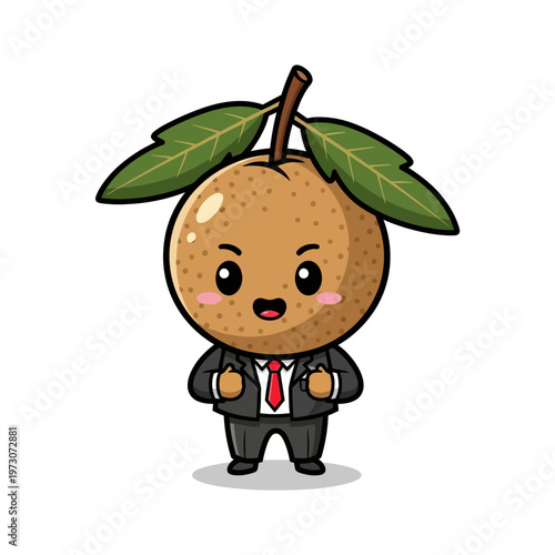 Chibi sapodilla fruit mascot character wearing a professional black business suit and red necktie, performing a double thumbs up gesture, isolated on a white background. Vector graphic.