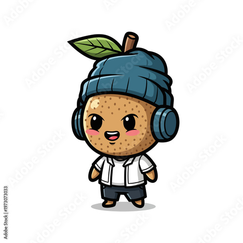 Cute Chibi Sapodilla Fruit Character Mascot Illustration Wearing a Blue Beanie Hat and Headphones with White Shirt and Dark Shorts Isolated on White Background Vector Art
