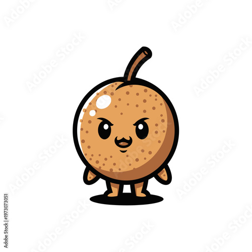 Kawaii chibi longan fruit character mascot with a determined facial expression, brown speckled skin texture, small stem, and pink blush, isolated on white background vector illustration.