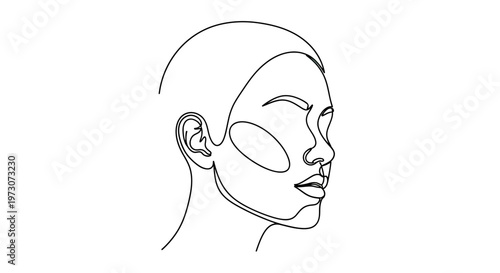 A minimalist black line drawing of a person's face in profile, emphasizing contours and features