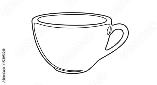 Minimalist black line drawing of a classic coffee cup on white background