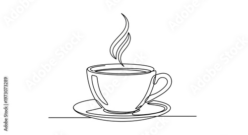 A minimalist line drawing of a steaming coffee cup and saucer