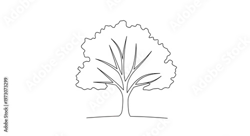 A minimalist, single-line drawing of a deciduous tree with a dense, irregular canopy