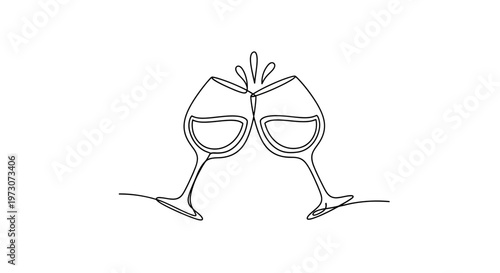 Two wine glasses clinking, abstract, continuous line art