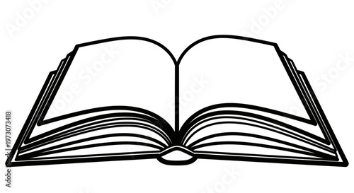 A minimalist black and white illustration of an open book with blank pages
