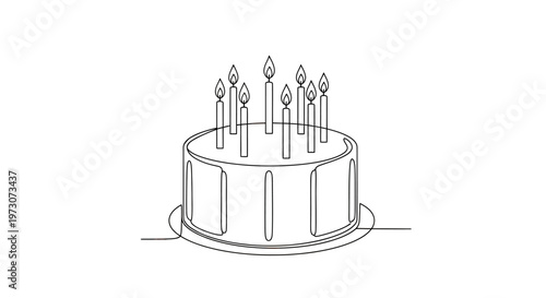 A simple, single-line drawing of a round cake with lit candles on top