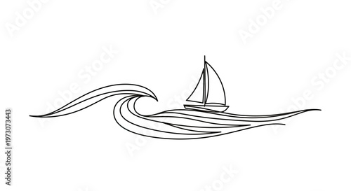 A simple, graphic depiction of a sailboat navigating stylized waves