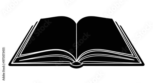 A stark black silhouette of an open book with white page lines