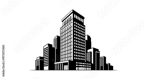 Work Building Silhouette Vector Black and White Office Architecture Cityscape Illustration