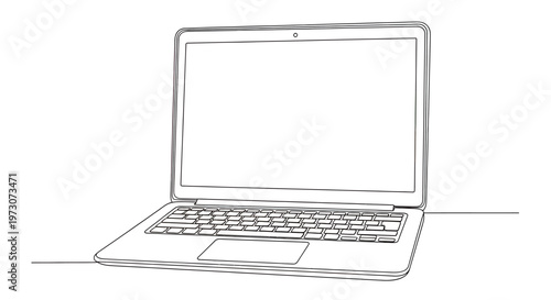 Open black and white line drawing of a modern laptop computer with a blank screen