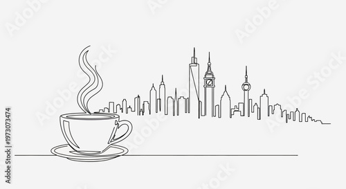 One-line art of a steaming coffee cup next to a city skyline