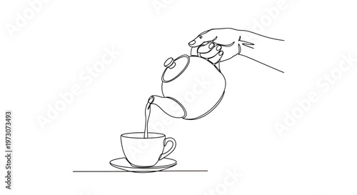 A hand pours liquid from a teapot into a cup on a saucer