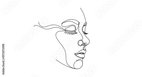 A minimalist line drawing outlines a serene female profile with closed eyes and flowing hair