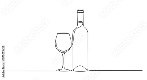 A single continuous line drawing of a wine bottle and glass