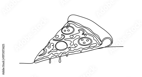 A single line drawing of a slice of pepperoni pizza with melted cheese dripping