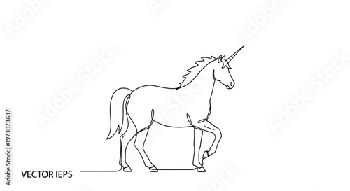 Single-line illustration of a majestic unicorn in profile, walking left