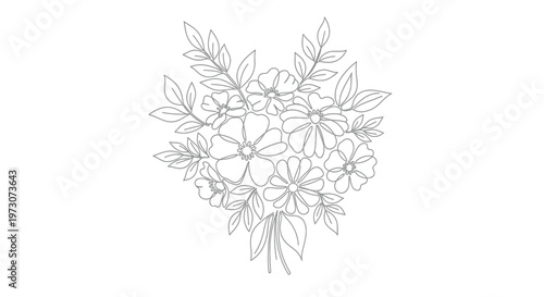 Delicate line drawing of a floral bouquet with leaves