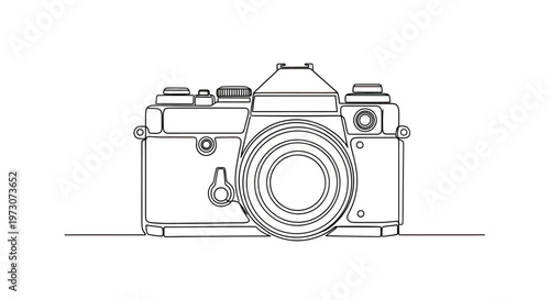 Simple line drawing of a vintage camera with a large lens