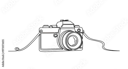 A minimalist black line drawing of a vintage camera with two visible straps