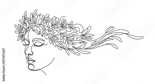 Fotografía Minimalist line art portrait of a woman with flowing, floral hair