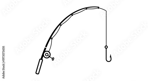 A simple black outline drawing of a bent fishing rod with line and hook