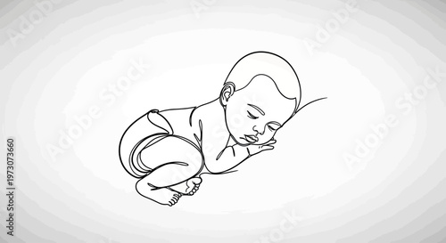 Minimalist line art of a sleeping infant in a diaper on a gray gradient background