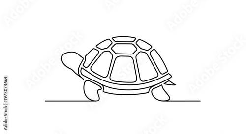 Minimalist single-line drawing of a tortoise walking on a flat surface