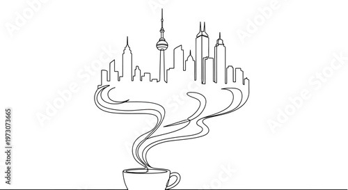 Stylized cityscape silhouette emerging from steaming coffee cup