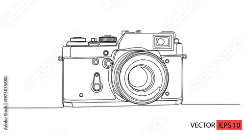 Minimalist black and white outline of a vintage film camera
