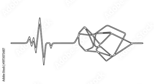 Single line art depicts a heartbeat transitioning into a tangled geometric network