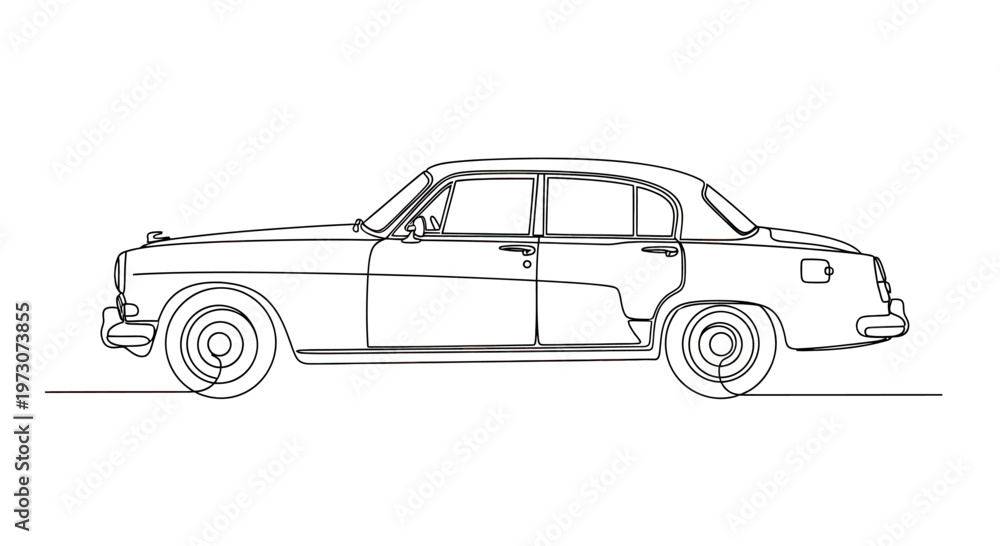 Fototapeta premium A one-line drawing of a classic four-door sedan viewed from the side