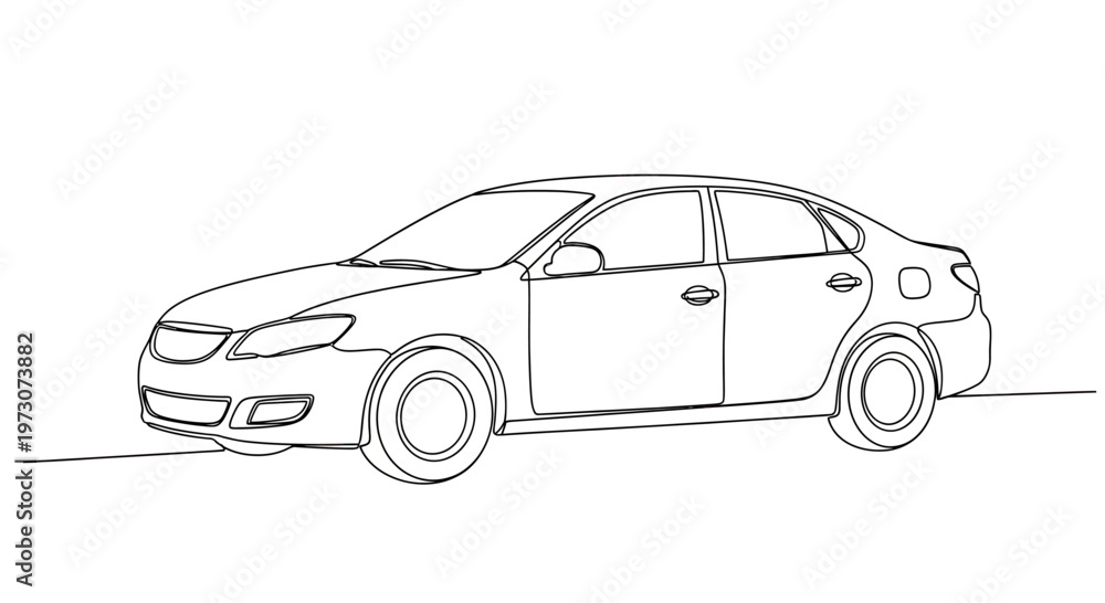 Naklejka premium Minimalist line drawing of a four-door sedan parked on a horizontal line