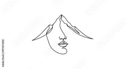 Abstract line art merges a human profile with mountain peaks